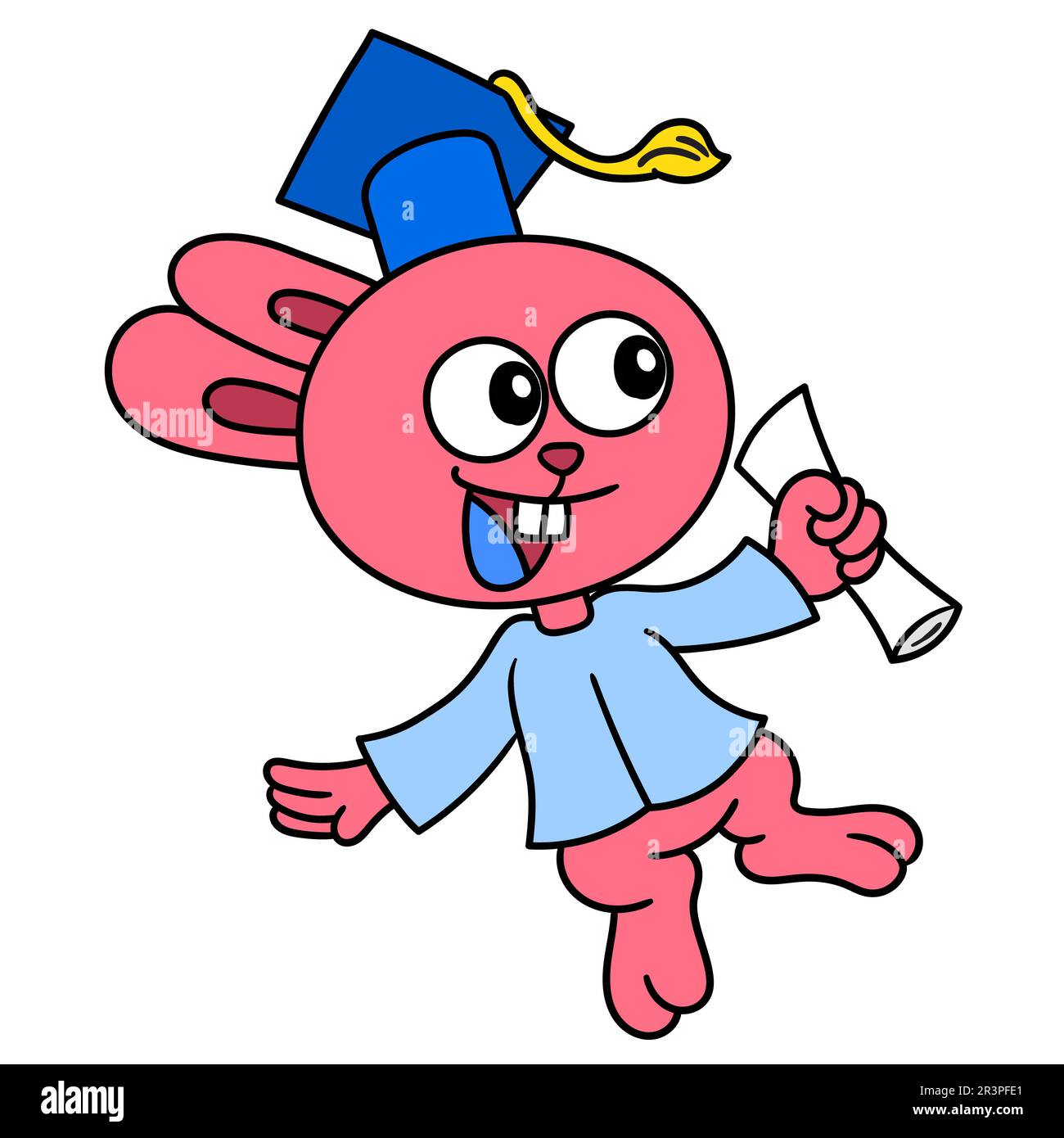 Caricature adorable lapin diplômé de l'université, doodle kawaii. icône doodle Banque D'Images