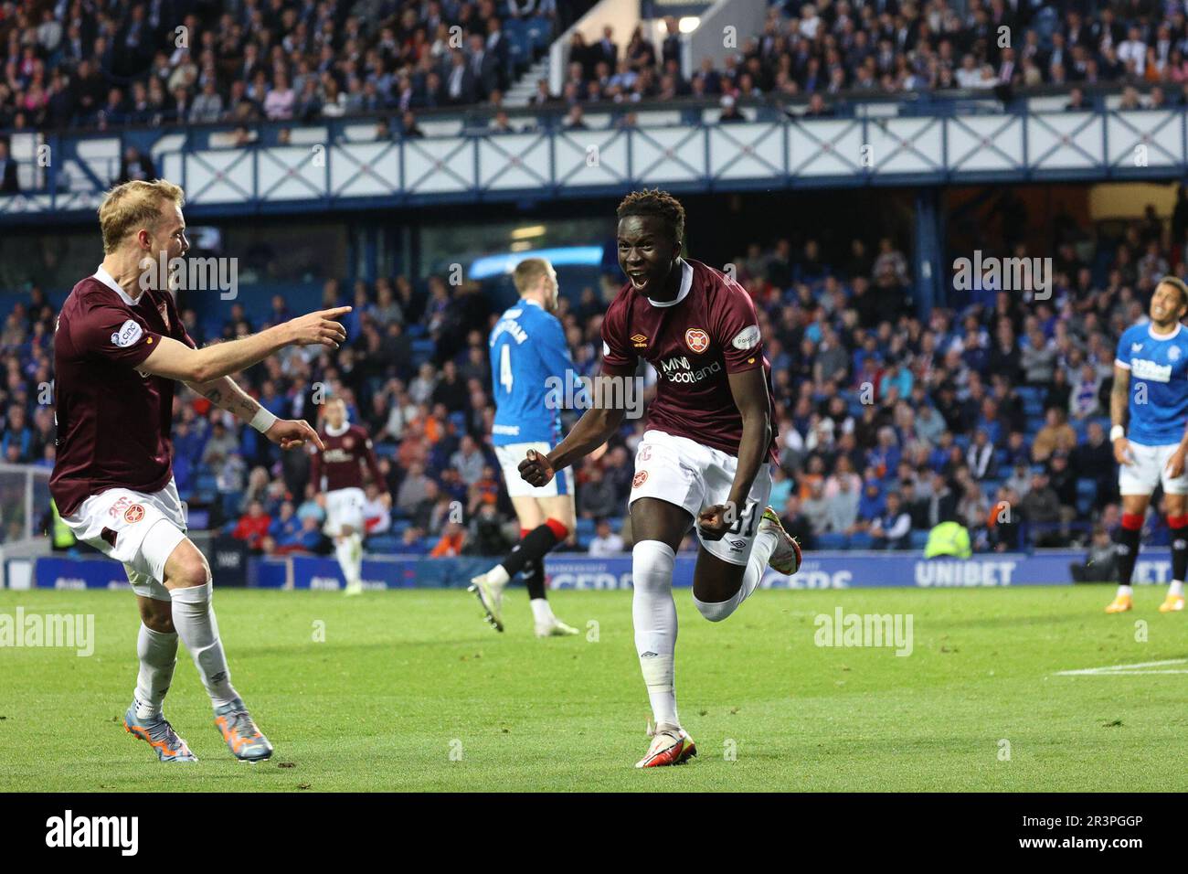 Glasgow, Royaume-Uni. 24th mai 2023. Parc Ibrox. 24 mai 2023. Cinch Premiership. Rangers v coeurs. Coeurs Garang Kuol marque et célèbre son égaliseur de dernière minute et son premier but pour les coeurs ( Credit: David Mollison/Alamy Live News Banque D'Images