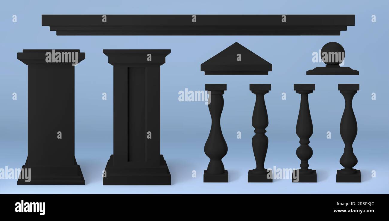 Ensemble réaliste de 3D éléments de conception d'architecture ancienne. Illustration vectorielle des mains courantes, des piliers, du pédiment décoratif et de la sphère en marbre ornemental en pierre noire. Détails du bâtiment classique Illustration de Vecteur