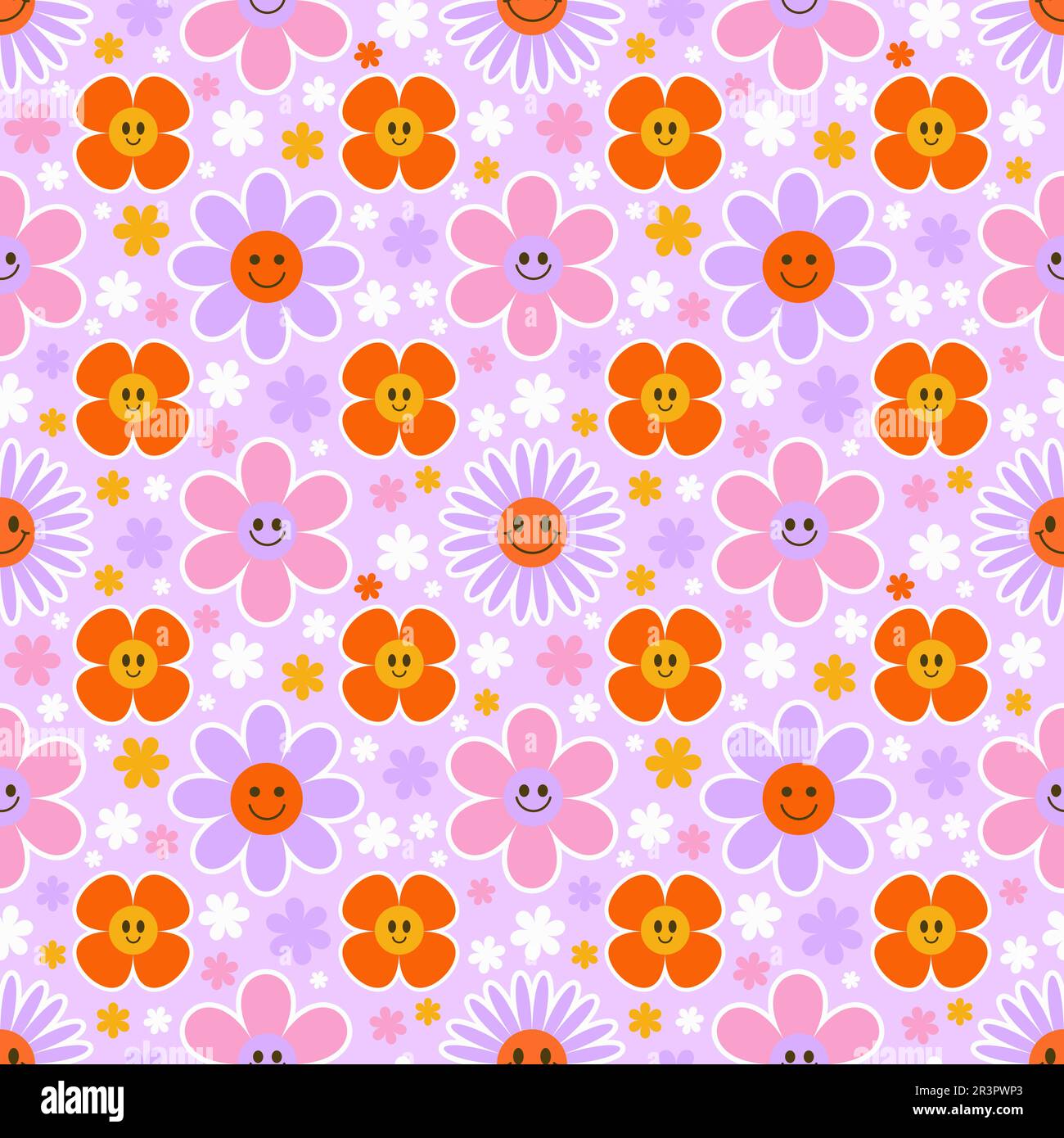 Motif fleuri sans couture. Y2K fond de sourire floral. Imprimé pâquerettes rétro avec visages amusants. Illustration esthétique à la mode Vector. Illustration de Vecteur