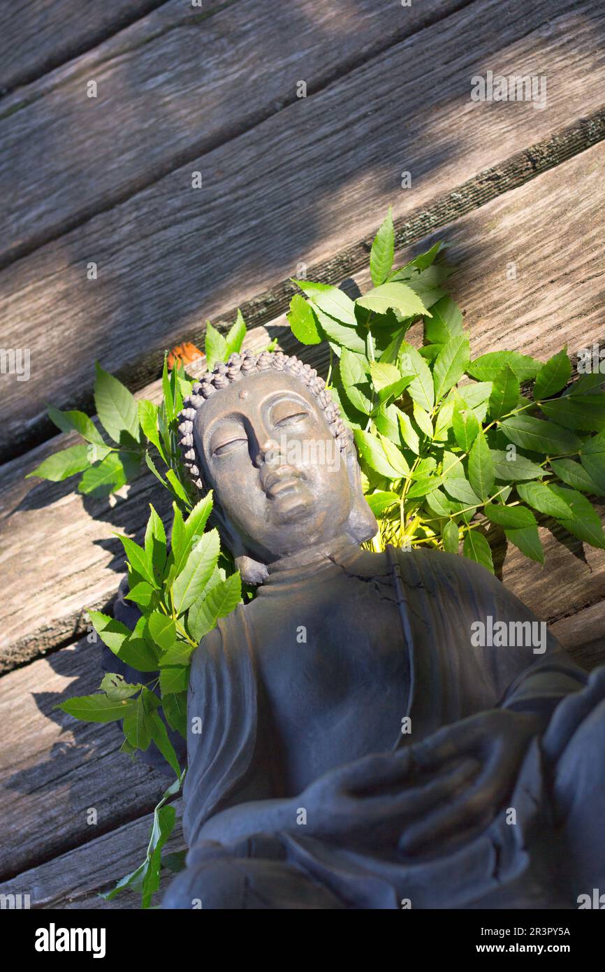 Statue de Bouddha sur des feuilles sur une passerelle Banque D'Images