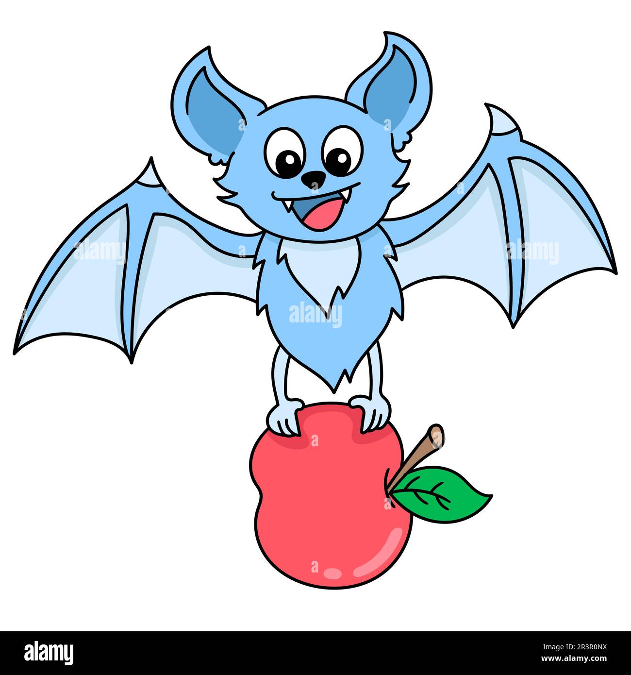 Une mignonne chauve-souris volante qui embrase une pomme, danse kawaii. icône doodle Banque D'Images