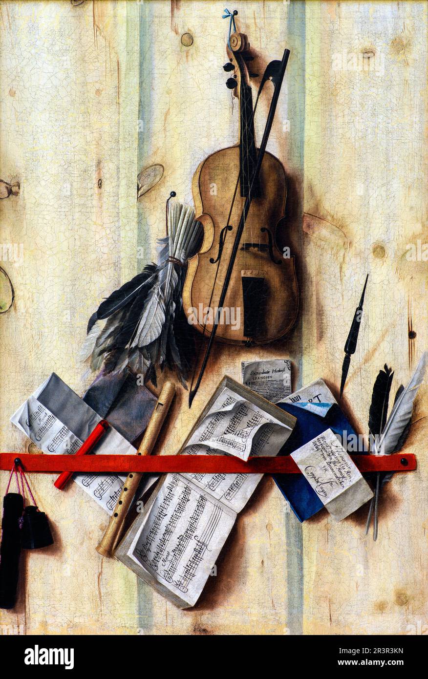 Trompe l'oeil avec violon, partitions et enregistreur de Cornelis Norbertus Gysbrechts Banque D'Images