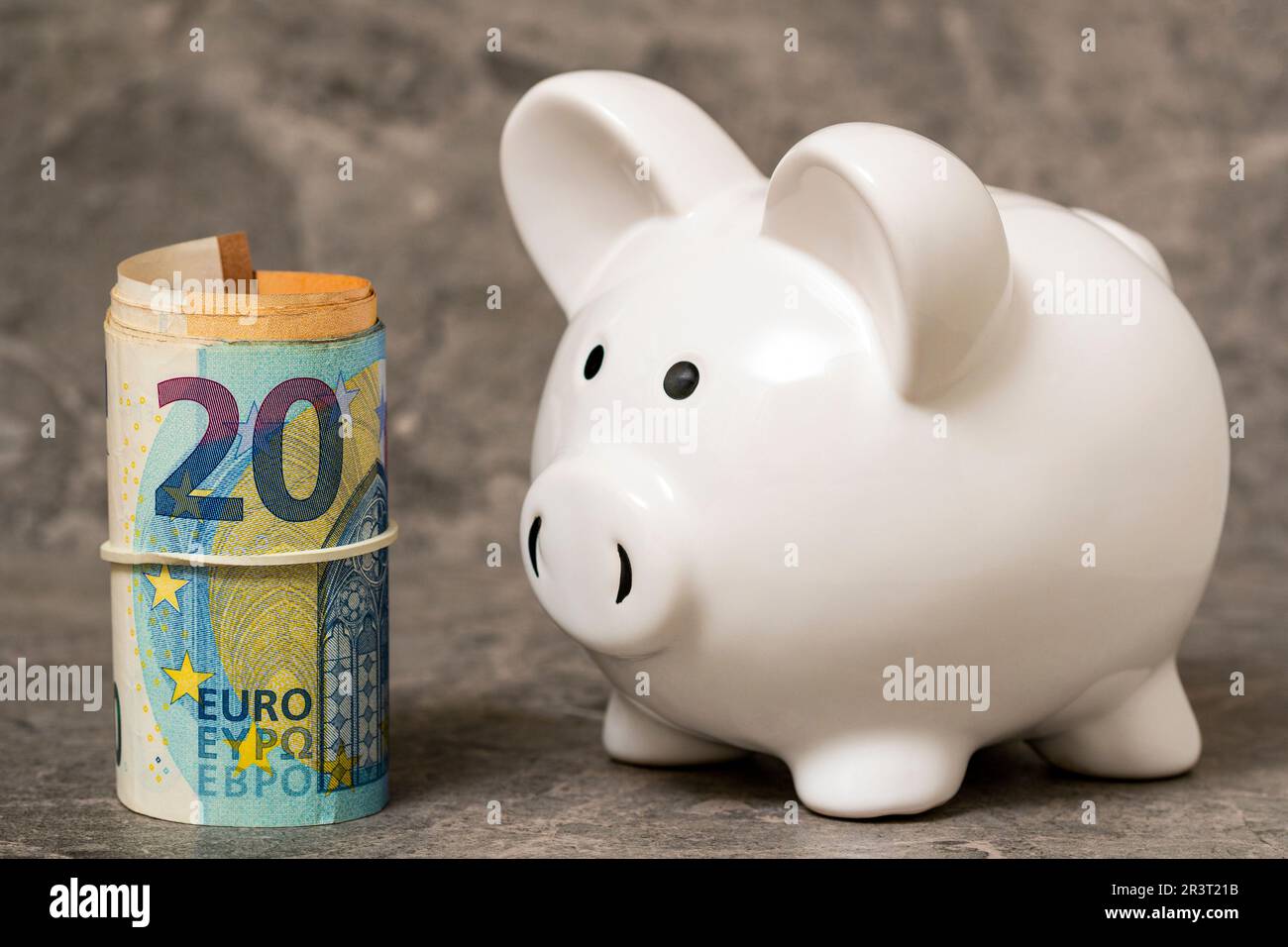 Une banque de cochon à côté d'un rouleau de devises de l'euro Banque D'Images