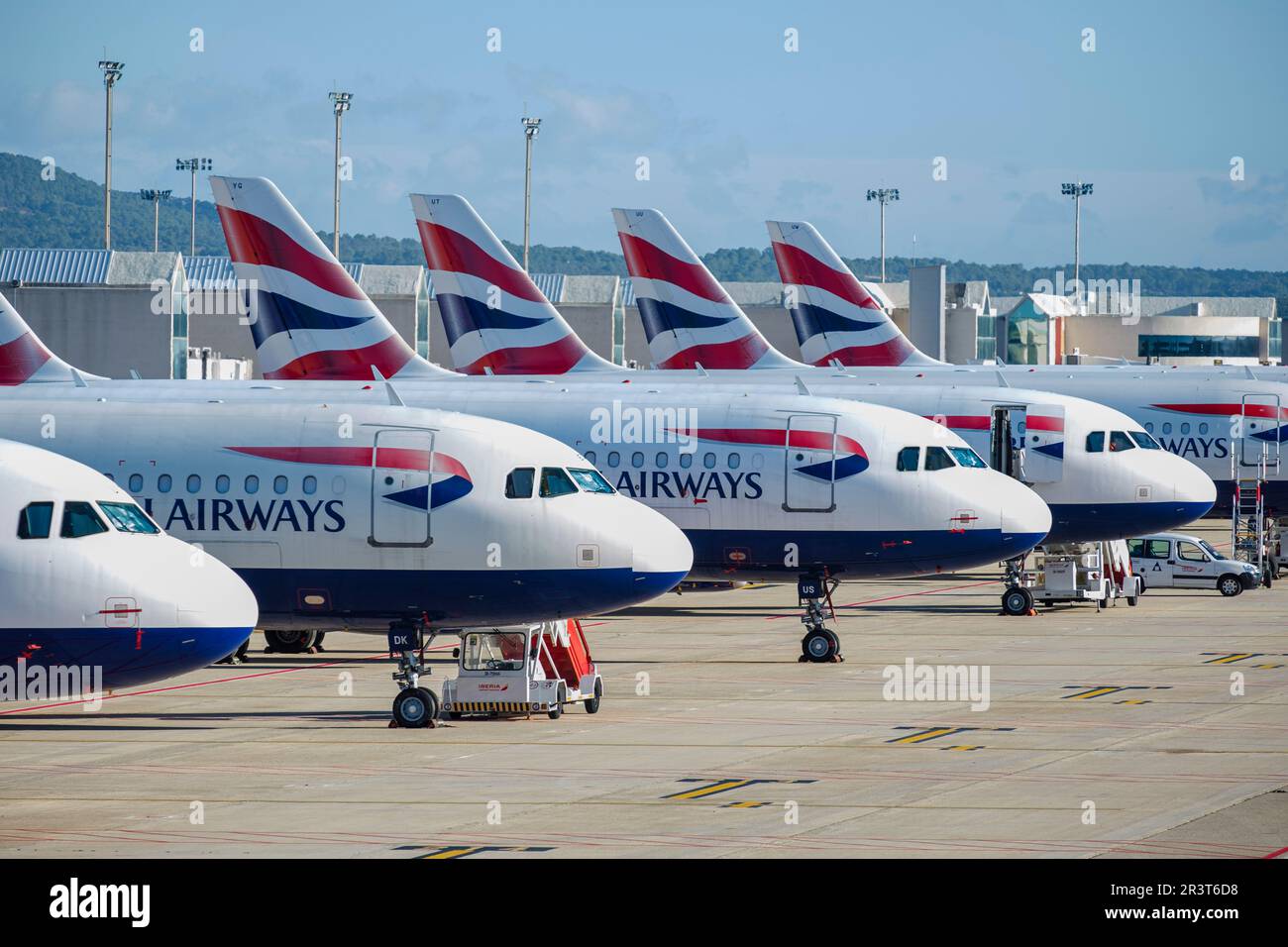 Flotte d'avions garés, aéroport de Palma, Majorque, Iles Baléares, Espagne. Banque D'Images