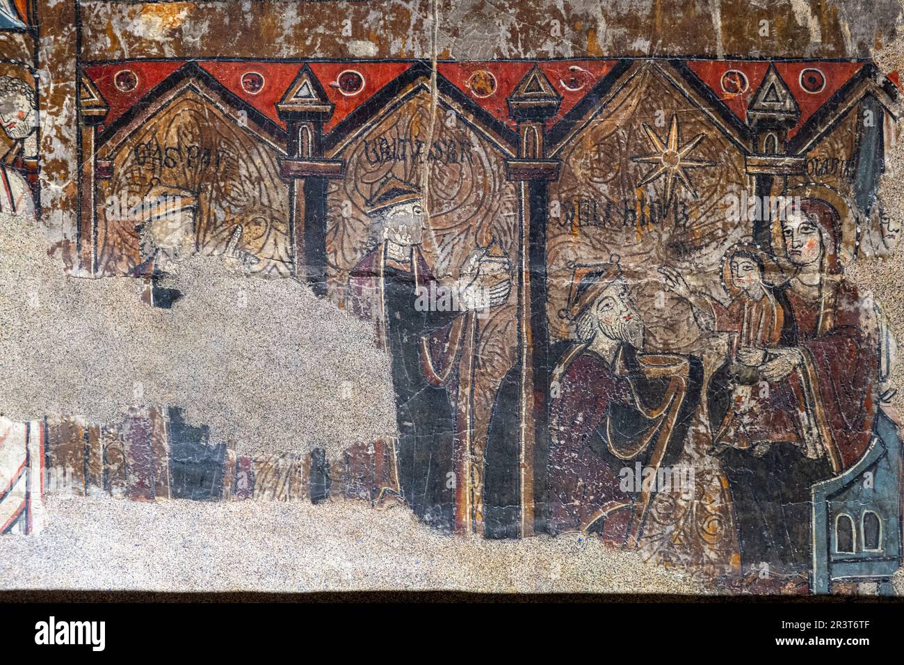 Adoration des trois sages, autel frontal de Santa Maria de Iguacel, XIIIe siècle, peinture de tempera sur bois de pin, Musée diocésain de Jaca, Huesca, Espagne. Banque D'Images