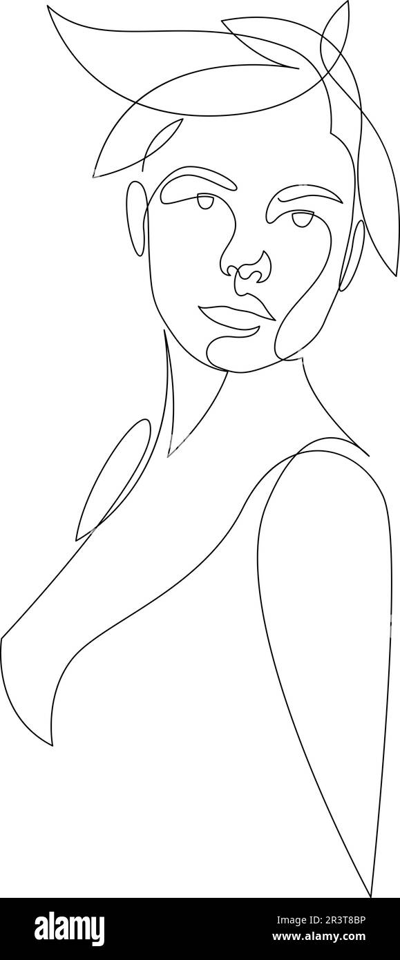 Femme visage avec feuilles ligne continue de dessin. Tête de fleur féminine une ligne d'art. Logo minimaliste de maquillage de cosmétiques naturels biologiques. Illustrateur de vecteur Illustration de Vecteur