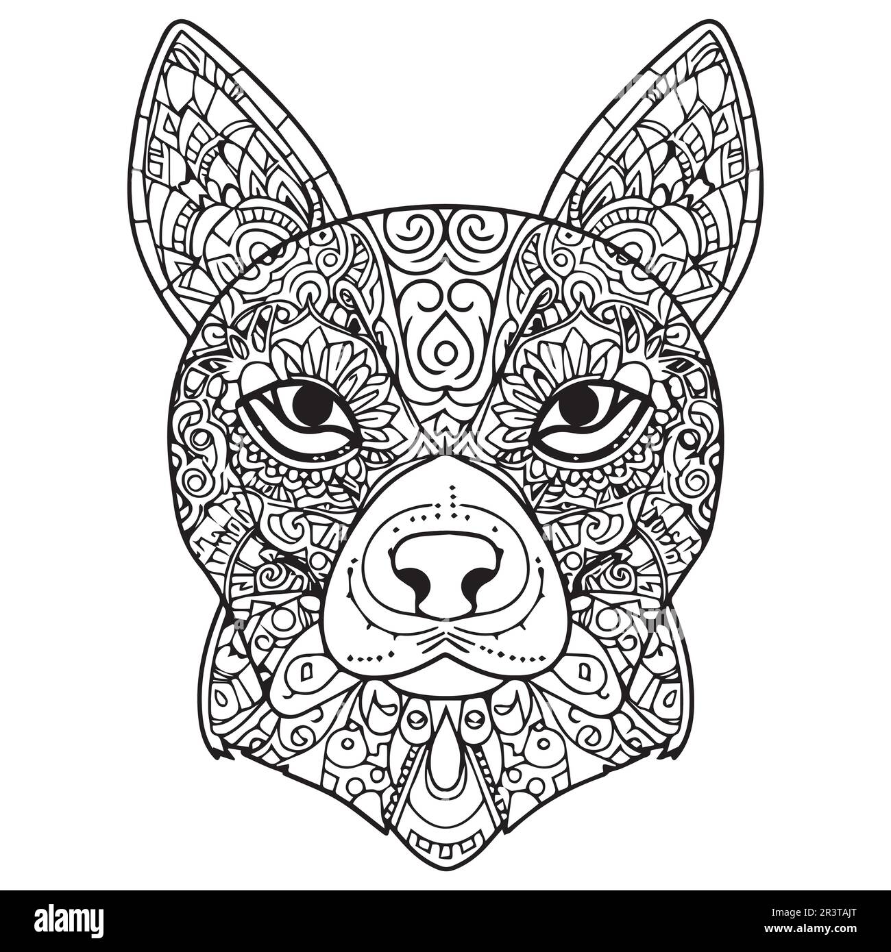 Une page de livre de coloriage de mandala de tête de chien pour les adultes. Illustration de Vecteur