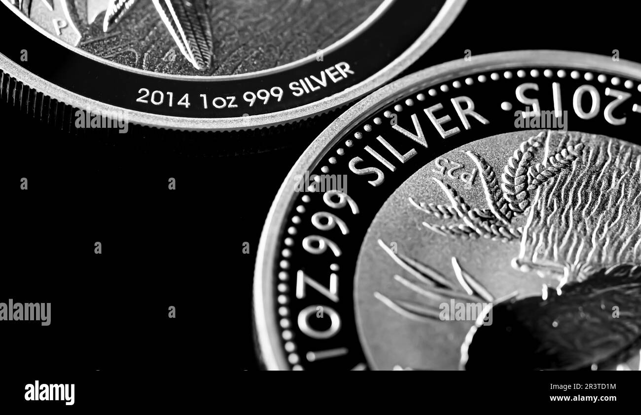 Gros plan de Silver Bullion coin sur fond noir miroir Banque D'Images