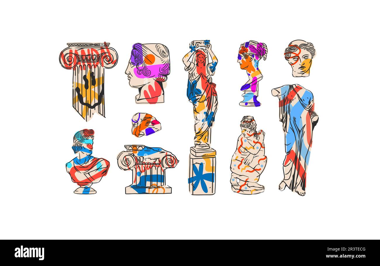 Dessin à la main vecteur résumé contour, graphique, contemporain grec ancienne sculpture statues et colonnes ligne ensemble.Antique classique statue dans la tendance de Graffity Illustration de Vecteur
