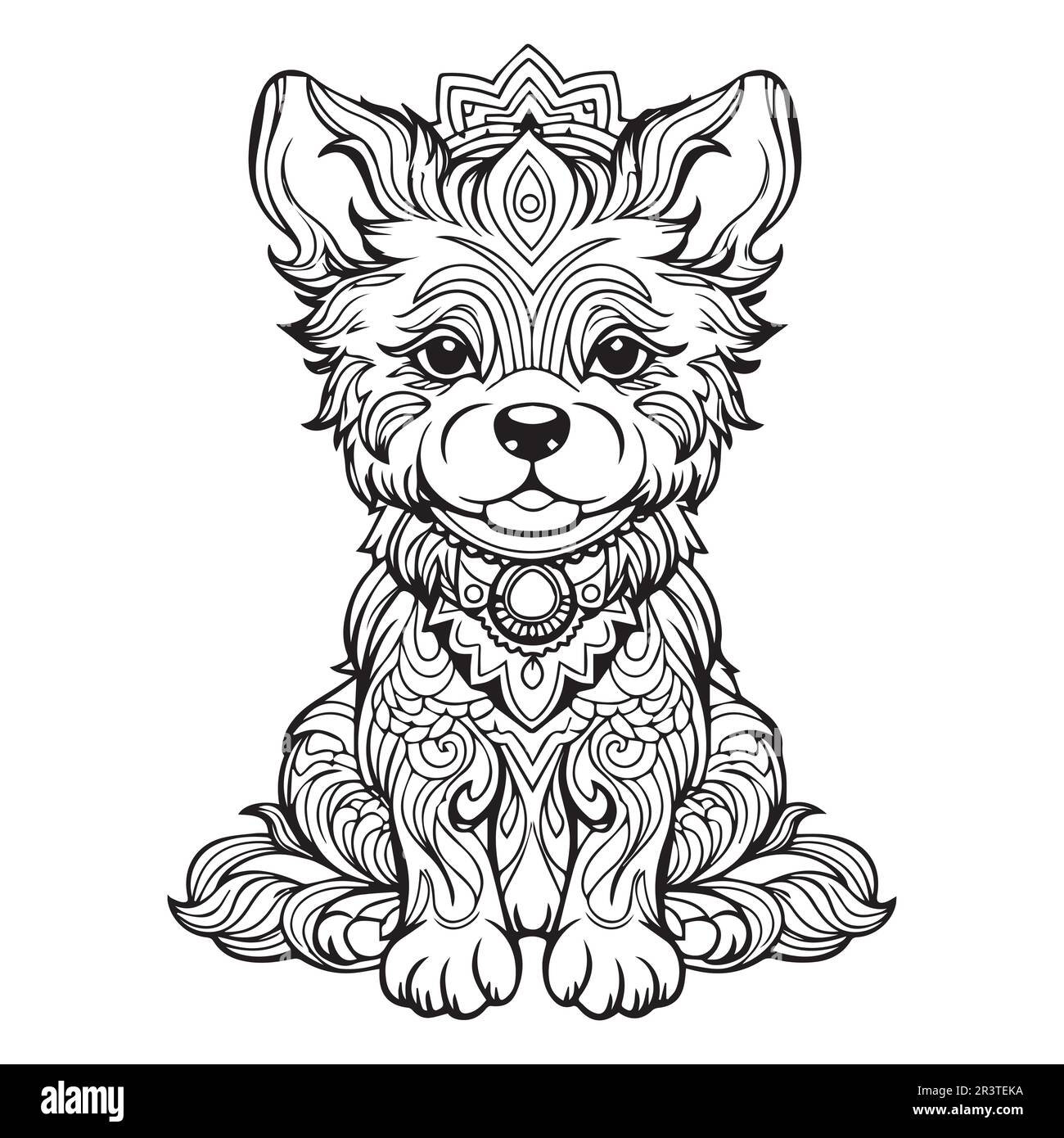 Un chien avec un collier et une fleur complexe coloriage livre page illustration vectorielle. Illustration de Vecteur