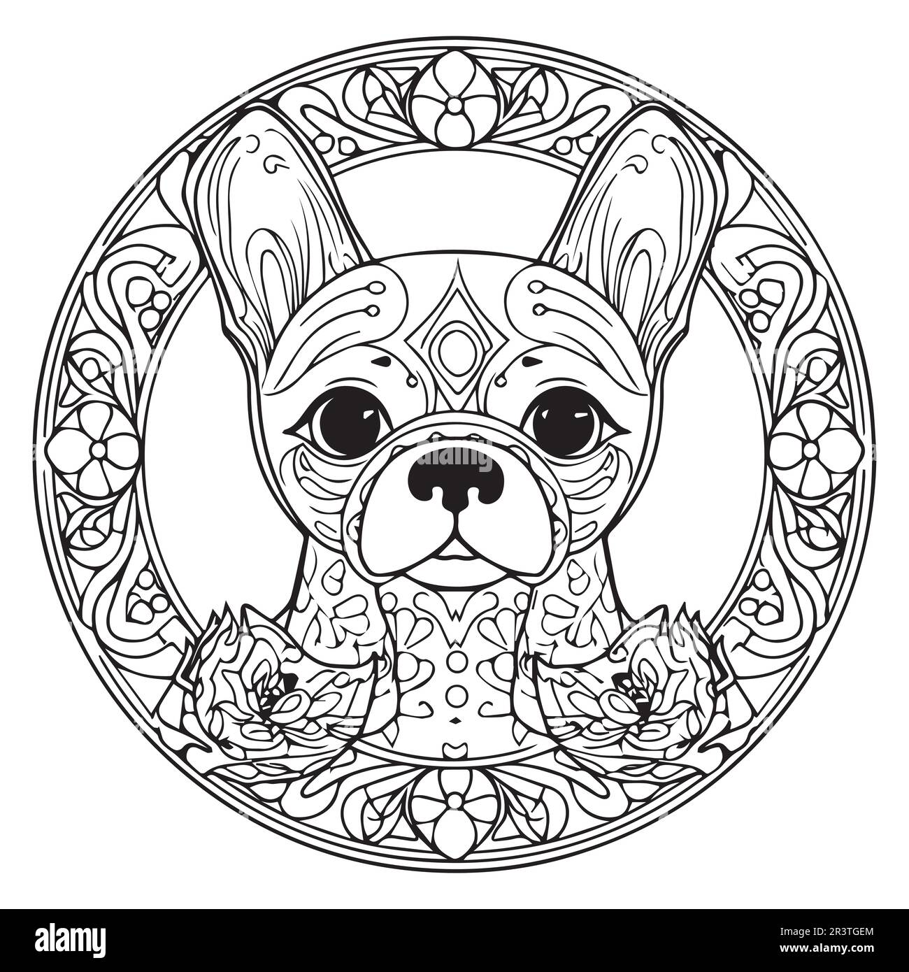 Un chien avec une page de coloriage de motif de fleur pour adultes. Illustration de Vecteur