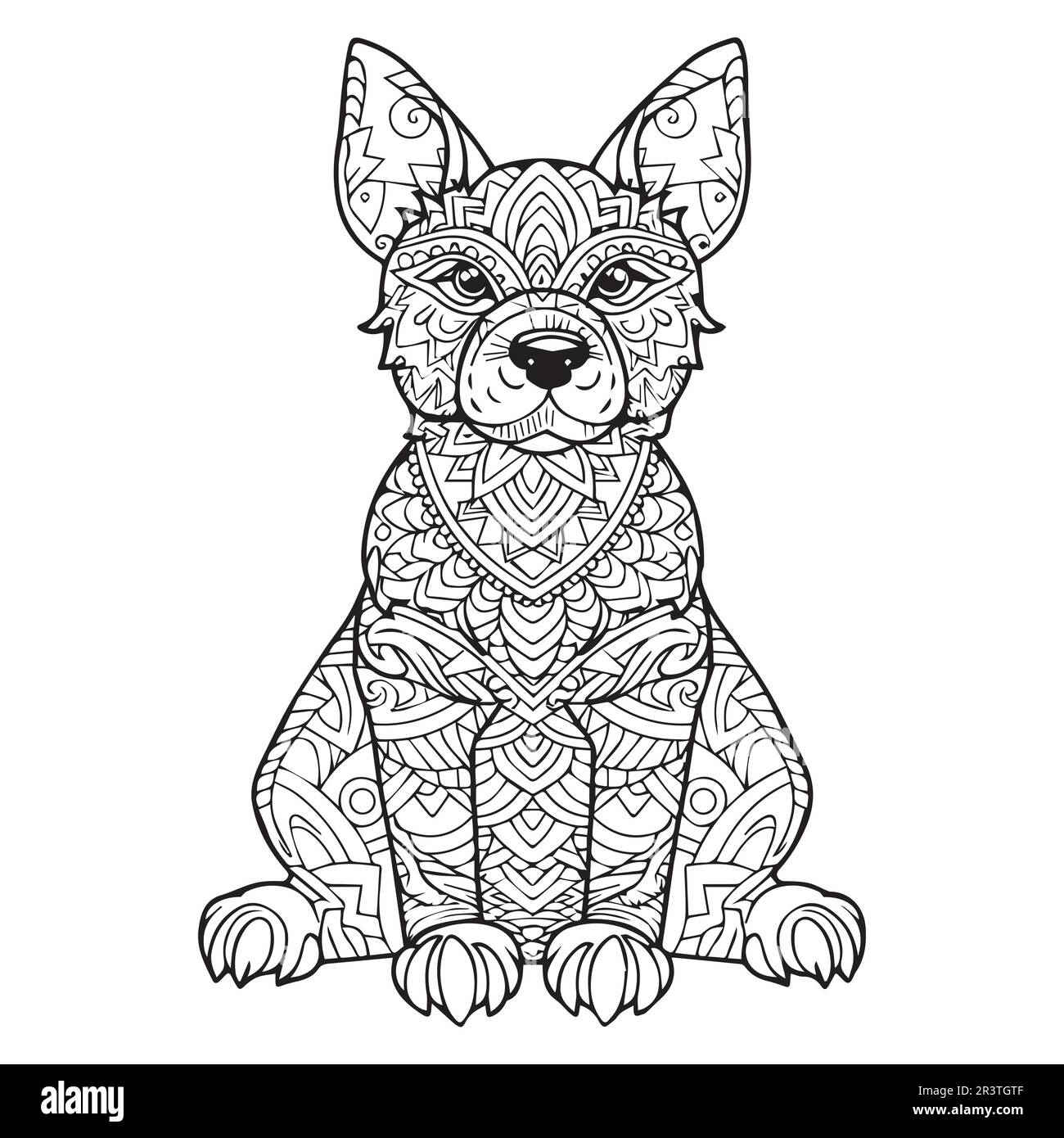 Un joli mandala assis ligne de chien art coloriage page design. Illustration de Vecteur