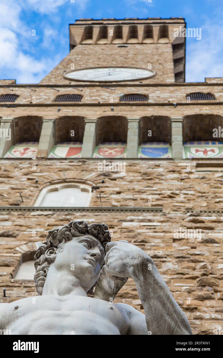 Florence, Italie. Michelangelos David en face du Palazzo Vecchio Banque D'Images