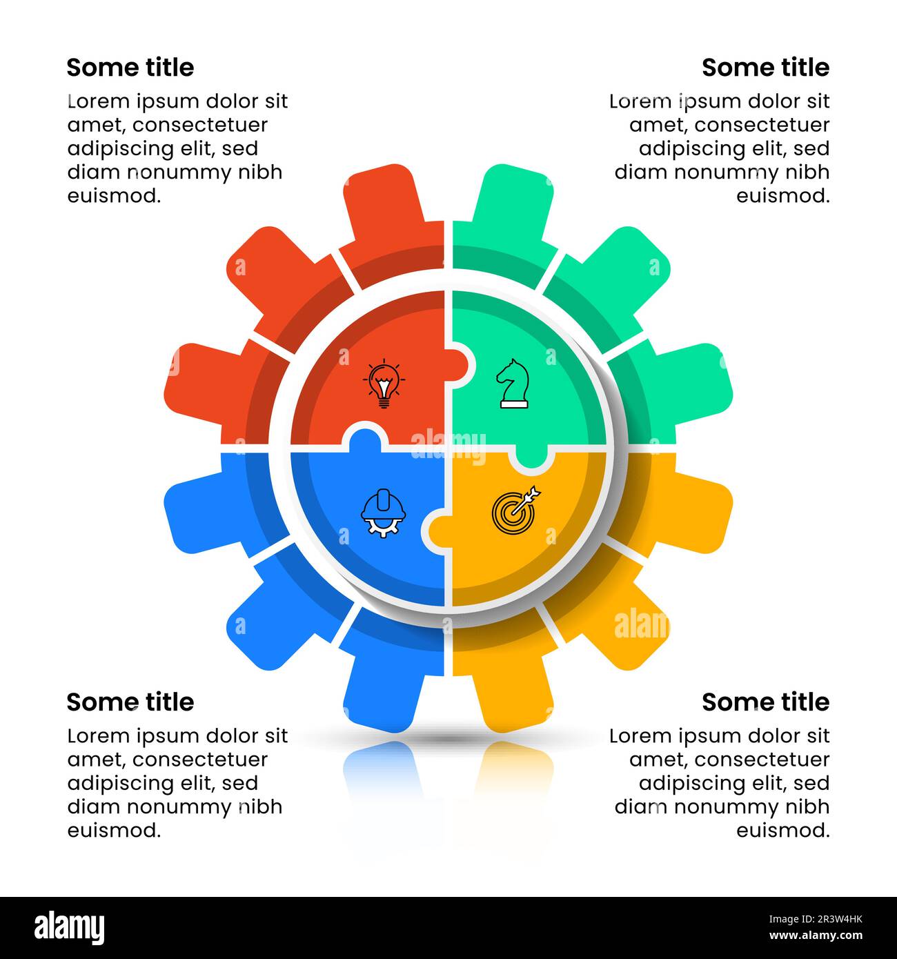 Modèle d'infographie et 4 options ou étapes. Engrenage avec pièces de puzzle. Peut être utilisé pour la mise en page de flux de travail, le diagramme, la bannière, la conception Web. Illustration vectorielle Illustration de Vecteur