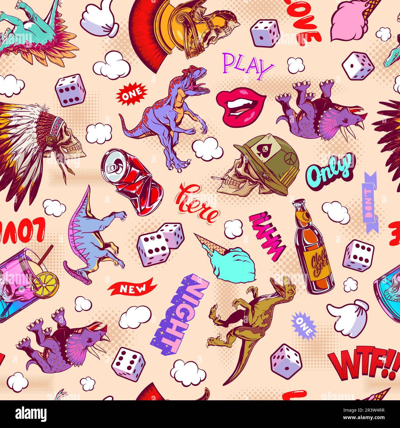 Motif pop Art avec dinosaures, crânes, dés pour un imprimé et un motif. Illustration vectorielle. Illustration de Vecteur