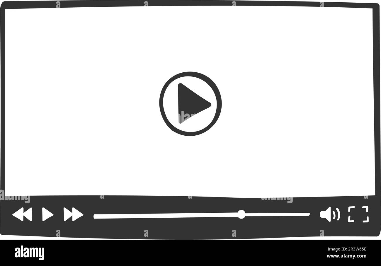Modèle de lecteur vidéo en style doodle. Écran numérique de film en ligne dessiné à la main avec boutons et barre de défilement de chargement. Fenêtre d'application multimédia conception simple. Illustration graphique vectorielle Illustration de Vecteur