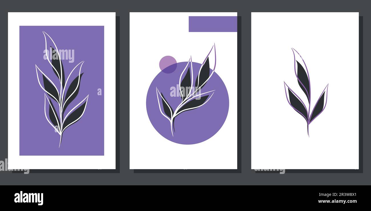 Ensemble d'illustrations créatives minimalistes avec éléments botaniques et formes violettes. Pour la décoration intérieure, l'impression et le design Illustration de Vecteur