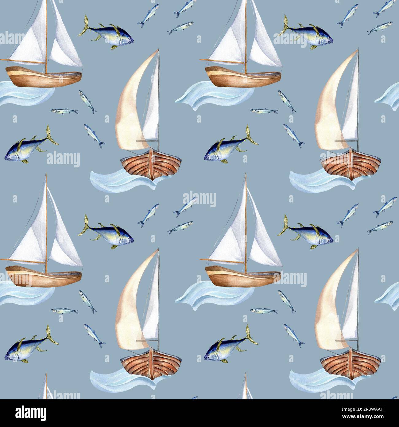 Motif sans couture de bateau à voile de style vintage aquarelle  illustration isolée sur bleu. Voilier, bateau sur les vagues, Tune, poisson  dessiné à la main. Puérile de Photo Stock - Alamy