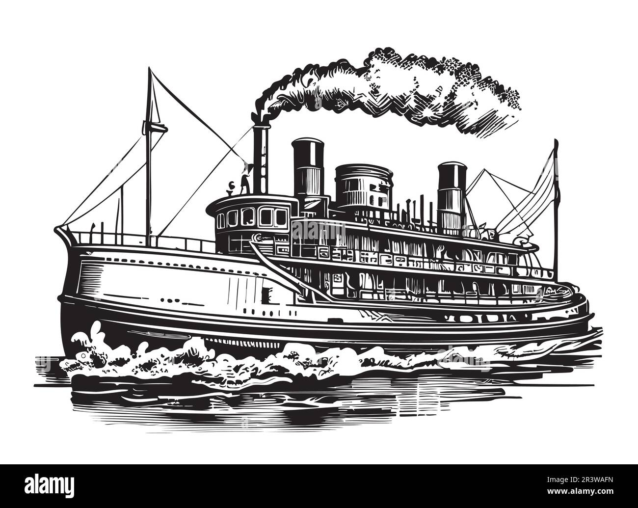 Vintage steamship croquis dessiné à la main dans le style Doodle transport Illustration de Vecteur