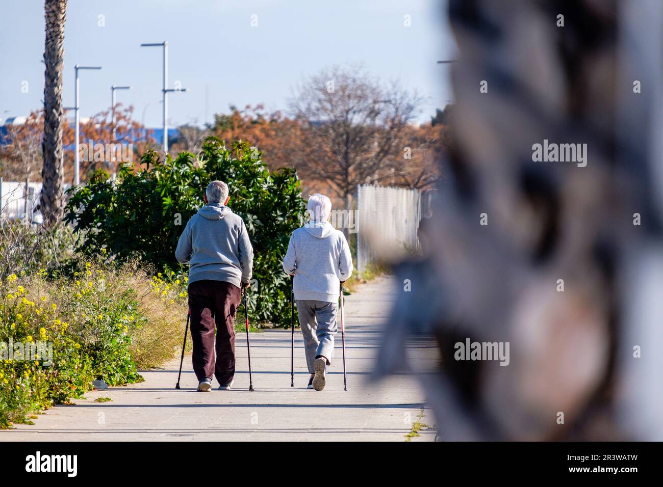 Couple de personnes âgées pratiquant la marche nordique dans leur quartier Banque D'Images