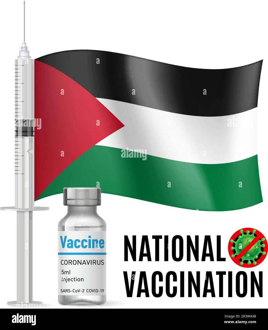 Drapeau de la Palestine avec vaccin vaccin seringue de vaccination et le flacon d'antibiotique pour la vaccination. Concept de soins de santé et de vaccination nationale avec P Illustration de Vecteur