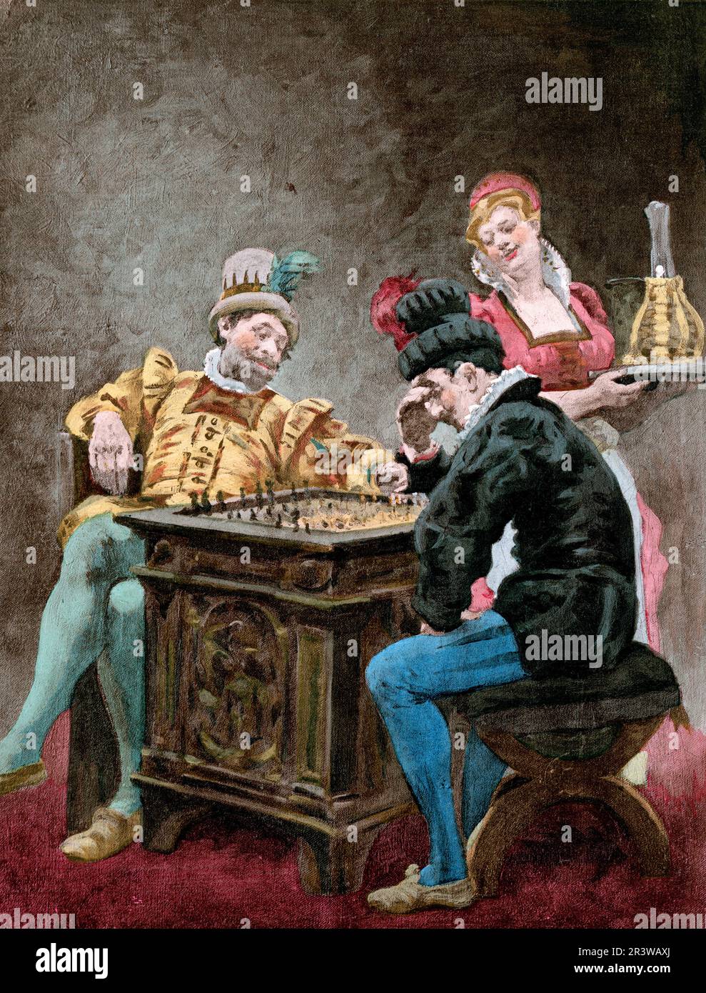 Lithographie de couleur vintage montrant une scène des œuvres de Rabelais. Les jeux de Gargantua, jouant aux échecs. Gargantua et Pantaguel. Par Jules Garnie Banque D'Images