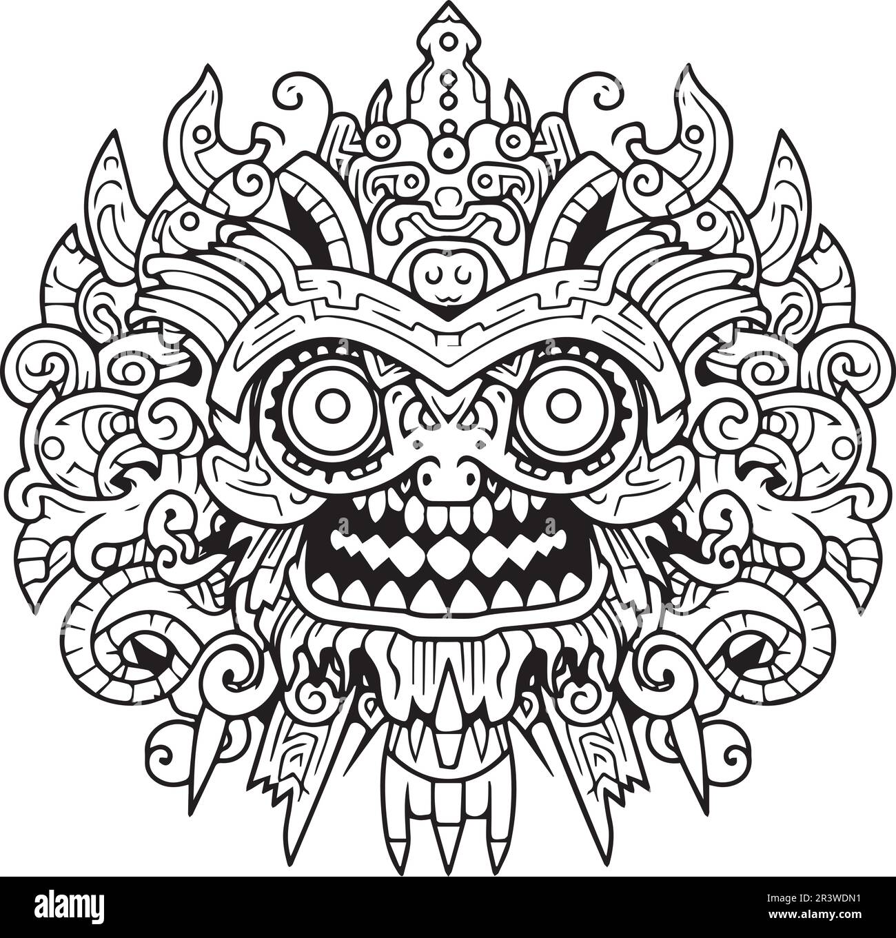 Un dessin noir et blanc d'une page de coloration mandala de tête de singe. Illustration de Vecteur