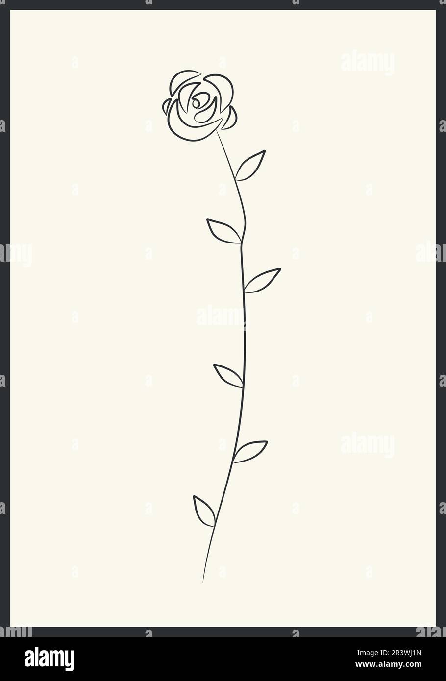 Fleur rose dessinée à la main. Élément floral dessiné à la main en ligne noire sur fond beige avec cadre. Dessin floral avec contour de ligne. Illustration vectorielle Illustration de Vecteur