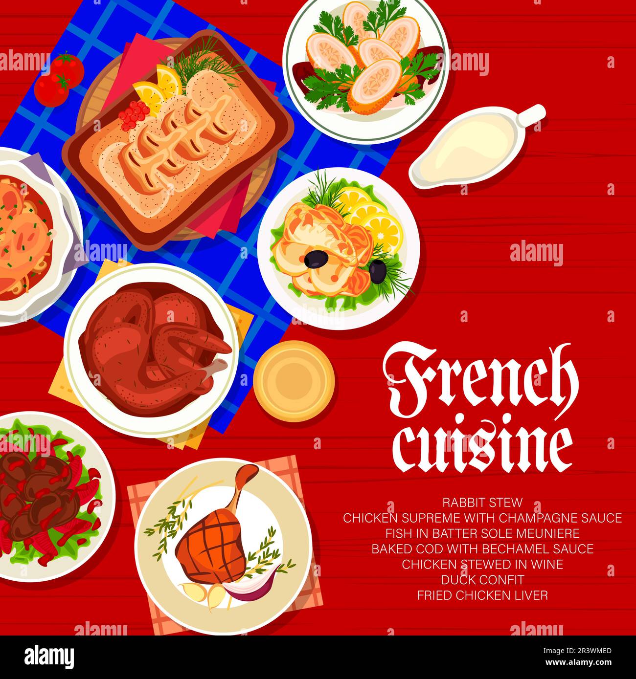 Design de couverture du menu de cuisine française. Ragoût de lapin, confit de canard et poulet compotés dans le vin, foie de poulet, suprême de poulet avec sauce au champagne et morue avec sauce Bechamel, poisson en pâte de sole Meunière Illustration de Vecteur