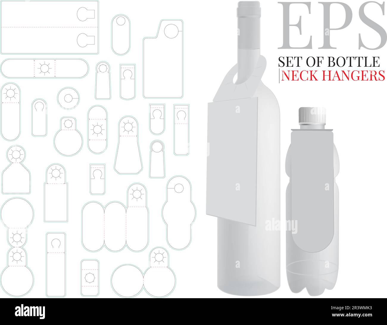 Modèle de suspension à col de bouteille, suspension à vin, blanc, maquette vierge isolée sur blanc, ensemble avec différents motifs. Vecteur avec découpe, couches découpées au laser. P Illustration de Vecteur