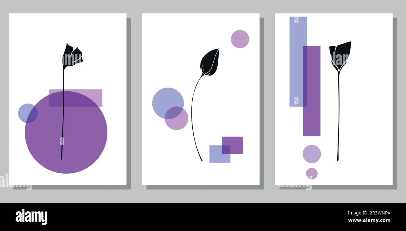 Ensemble d'affiches créatives minimalistes avec éléments botaniques et formes violettes. Pour la décoration intérieure, l'impression et le design Illustration de Vecteur