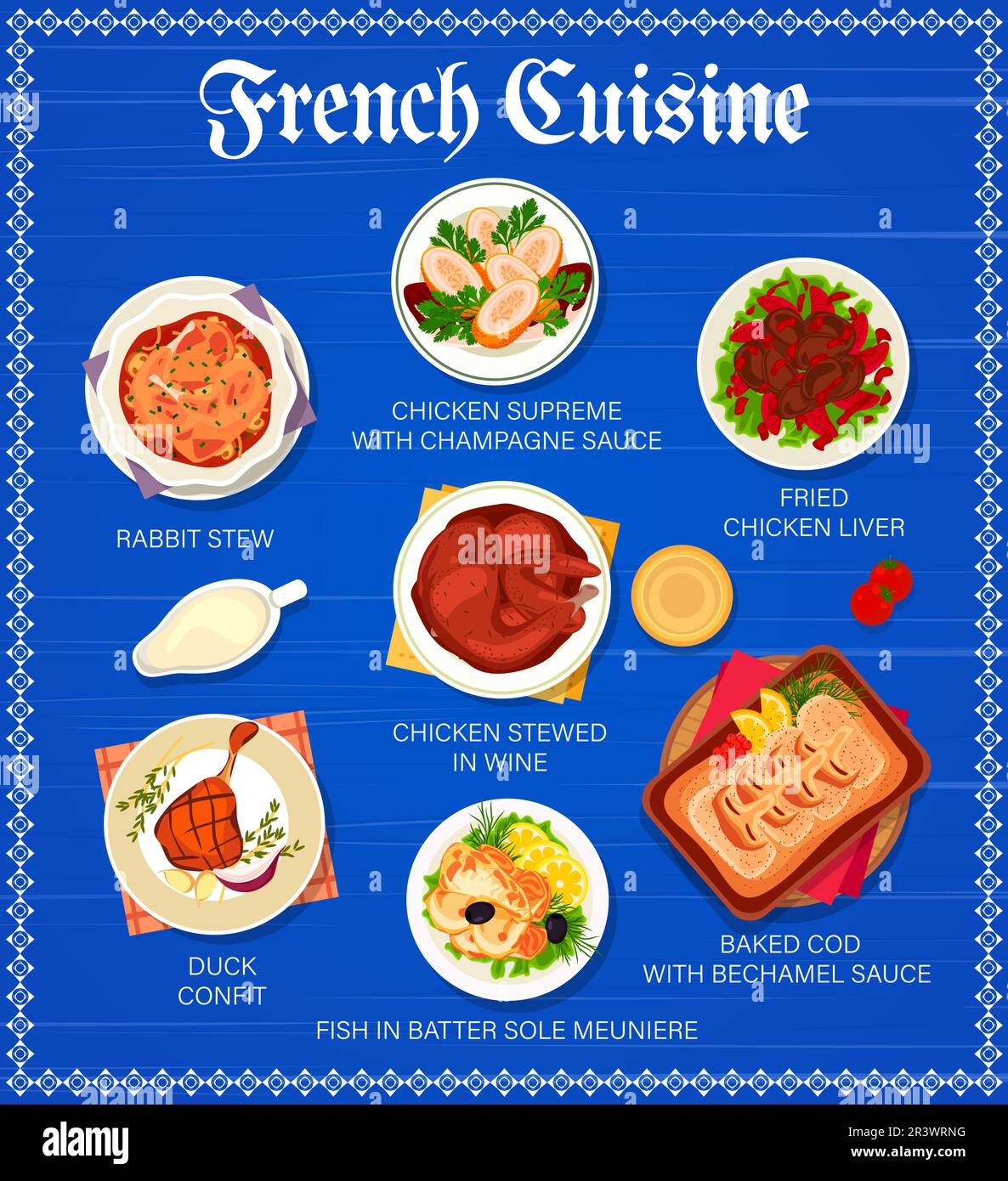 Modèle de menu de restaurant de cuisine française. Suprême de poulet avec sauce au champagne, ragoût de lapin et foie de poulet frit, poulet cuit au vin, cabillaud cuit avec sauce Bechamel et Sole Meunière, confit de canard Illustration de Vecteur