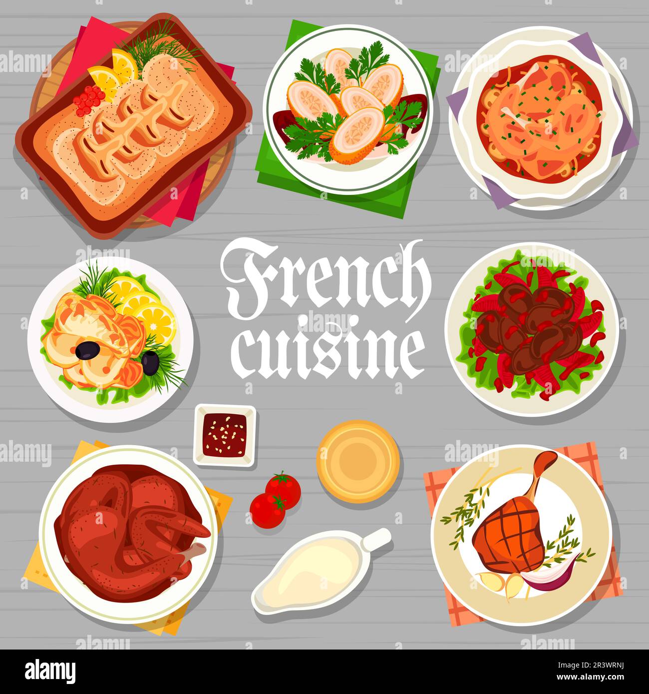 Design page couverture menu cuisine française. Ragoût de lapin, sole de poisson Meunière et poulet à la sauce au vin, confit de canard, foie de poulet et morue cuite avec sauce Bechamel, suprême de poulet avec sauce au champagne Illustration de Vecteur