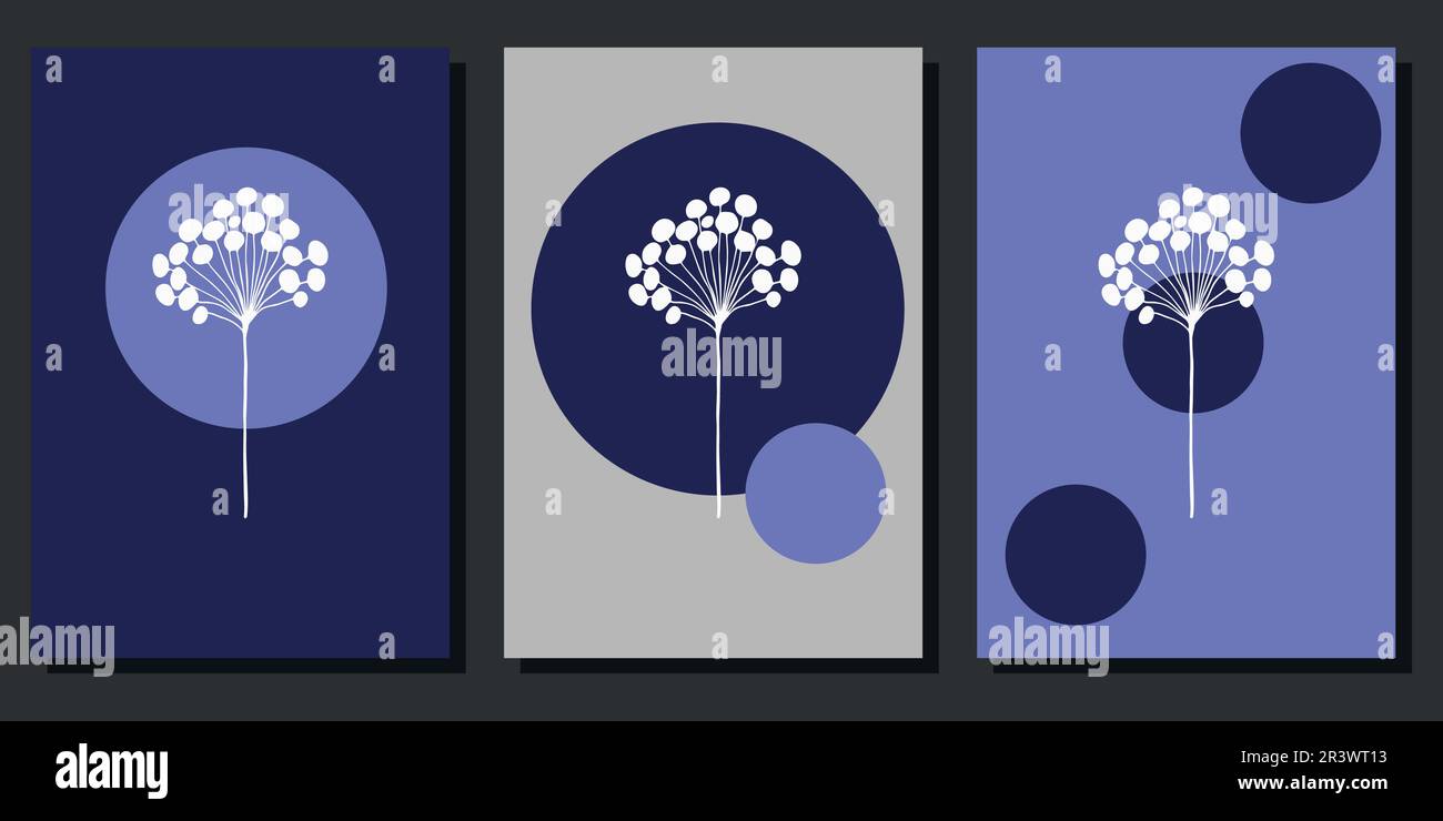 Ensemble d'affiches créatives minimalistes avec éléments botaniques et formes bleues. Pour la décoration intérieure, l'impression et le design Illustration de Vecteur