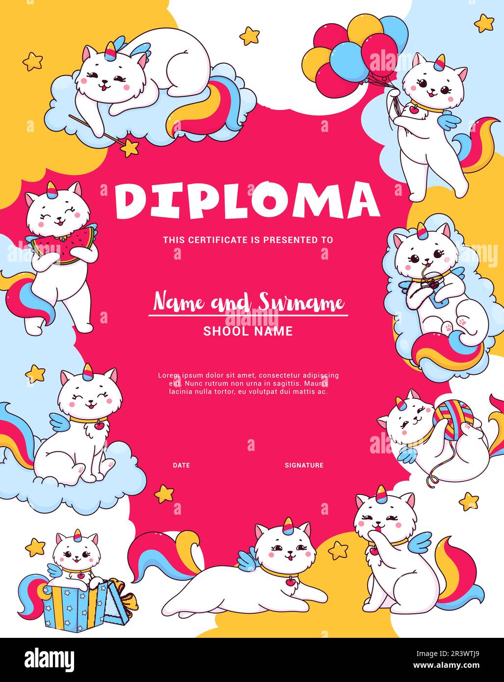 Diplôme pour enfants. Personnages de caticorne de dessins animés. Récompense ou diplôme de vecteur d'appréciation pour les enfants avec jeu joyeux avec le caticorne de boule de fil, dormir sur le nuage, manger le melon d'eau licorne chat personnage Illustration de Vecteur