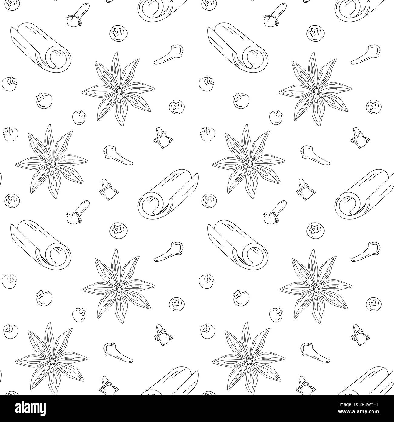 Épices dessinées à la main sans couture pour le vin chaud. Bâton de cannelle, clous de girofle, anis étoilé et épices. Conception pour l'emballage, la poseuse, la bannière, les brochures ou Illustration de Vecteur