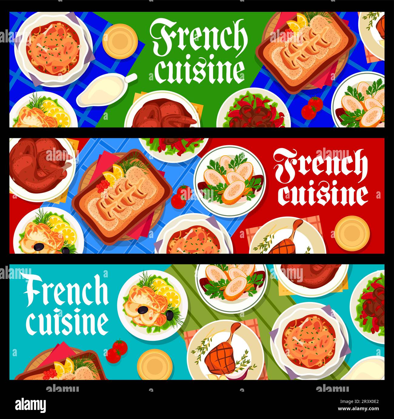 Banderoles de cuisine française. Poulet cuit au vin, suprême de poulet à la sauce au champagne et foie de poulet frit, confit de canard, ragoût de lapin, sole meunière, cabillaud cuit à la sauce Bechamel Illustration de Vecteur