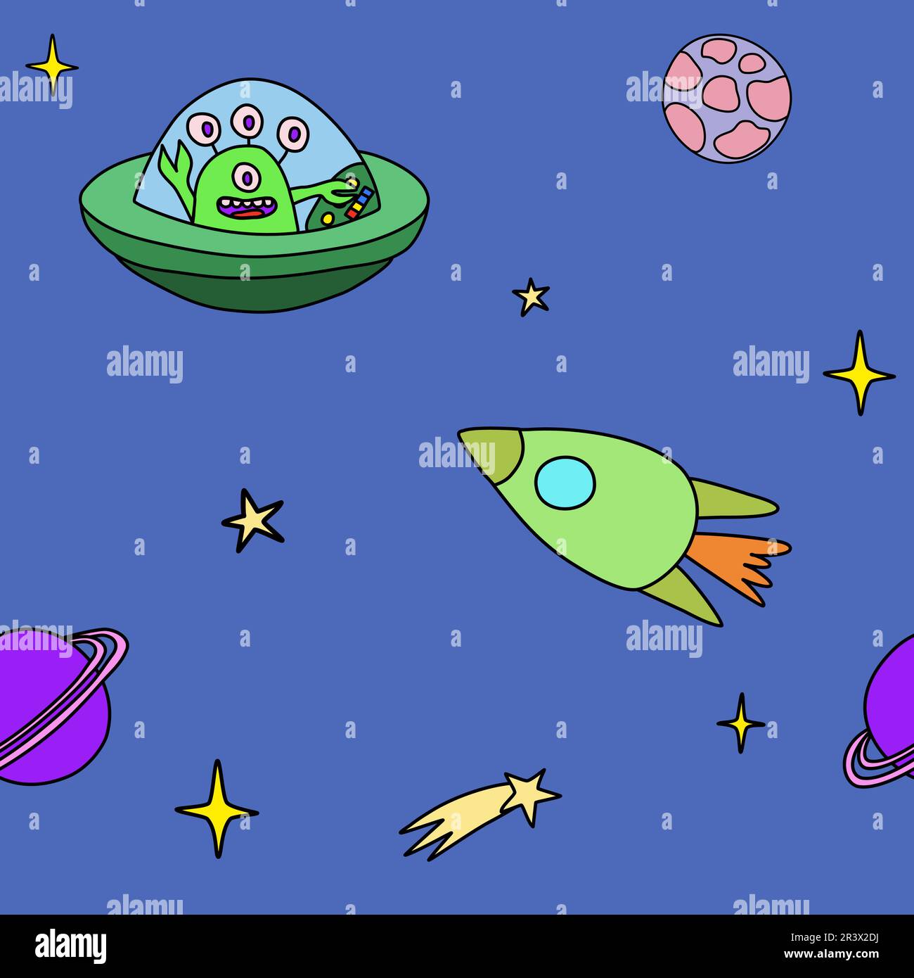 Espace avec étoiles, planètes, vaisseau spatial fusée et extraterrestre, motif sans couture, illustration vectorielle de dessin animé de style doodle Illustration de Vecteur