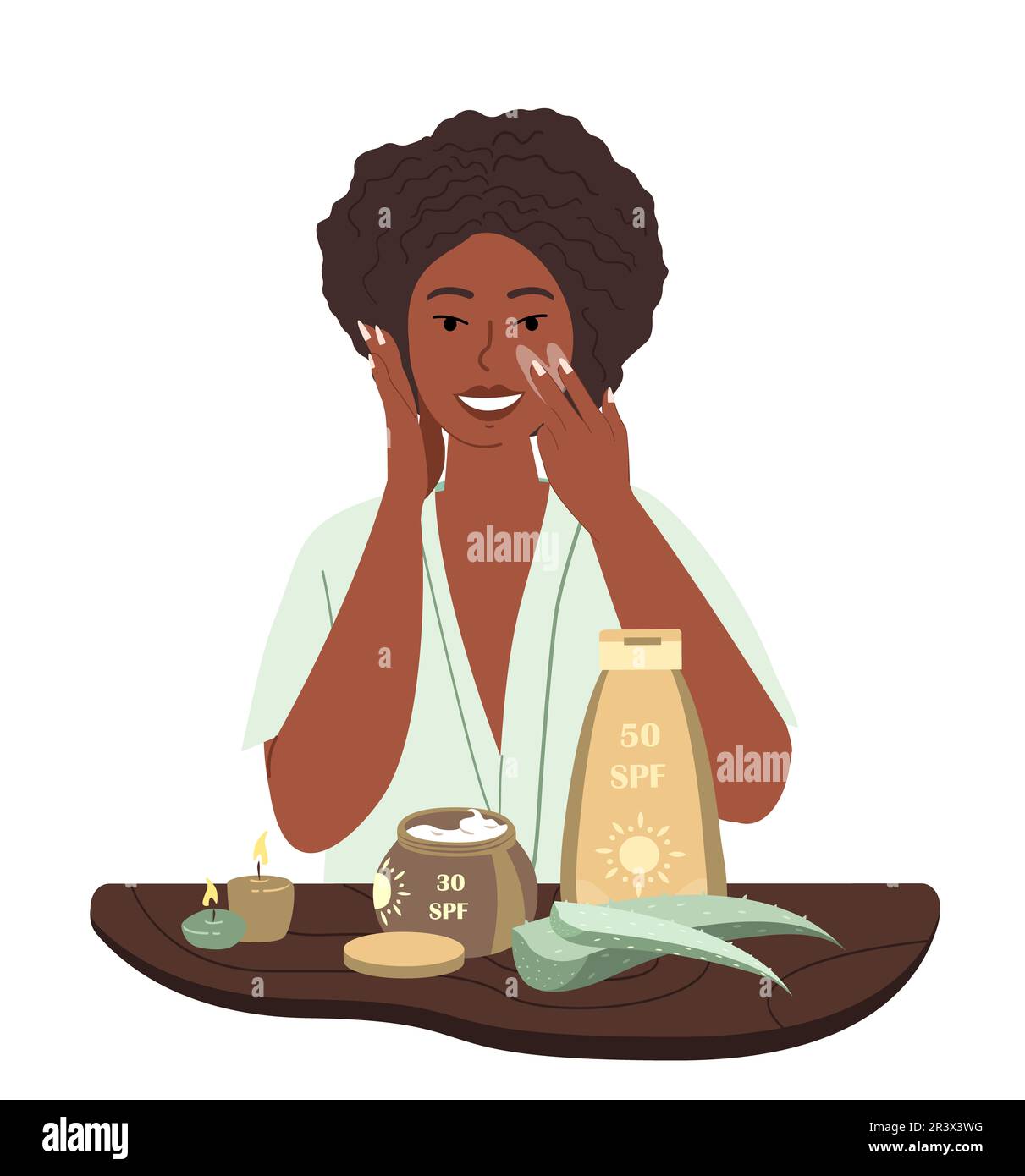 Jeune femme africaine appliquer la crème de protection SPF avec la main.traitement de spa, peau UV-protection concept.Femme soin du visage.produits de protection solaire.anti-U. Banque D'Images