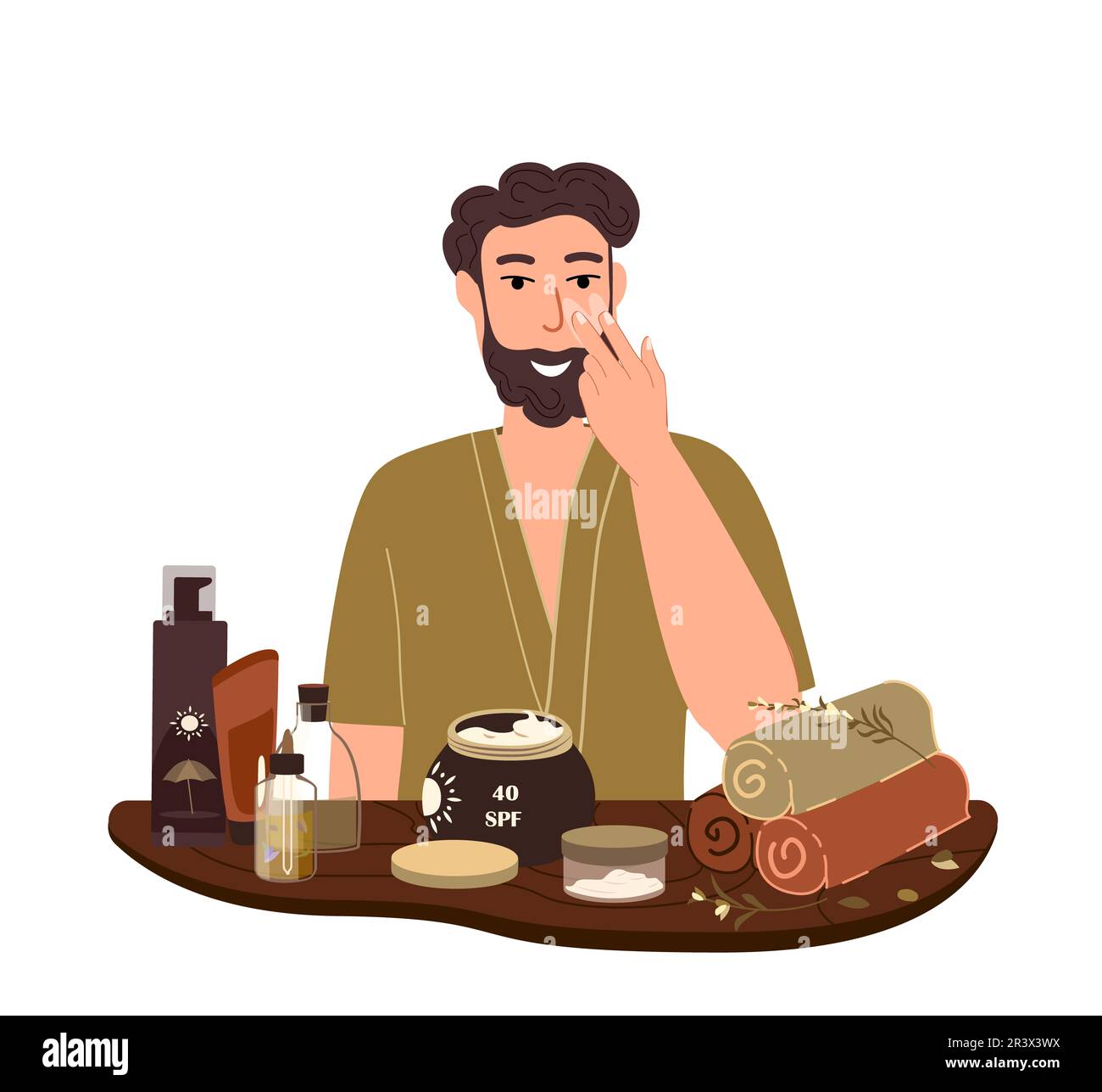 Homme attrayant appliquez la crème de protection SPF.soin du visage masculin routine.crème solaire produits blocs solaires.crème anti-UV, lotions.protection de la peau de l'homme utilisation.VEC plat Banque D'Images