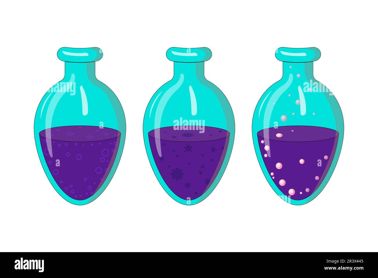 Ensemble de flacons de potion. Set alchimie. Icônes vectorielles de flacons en verre avec élixir magique. Poison sorcière, potion d'amour, halloween Illustration de Vecteur