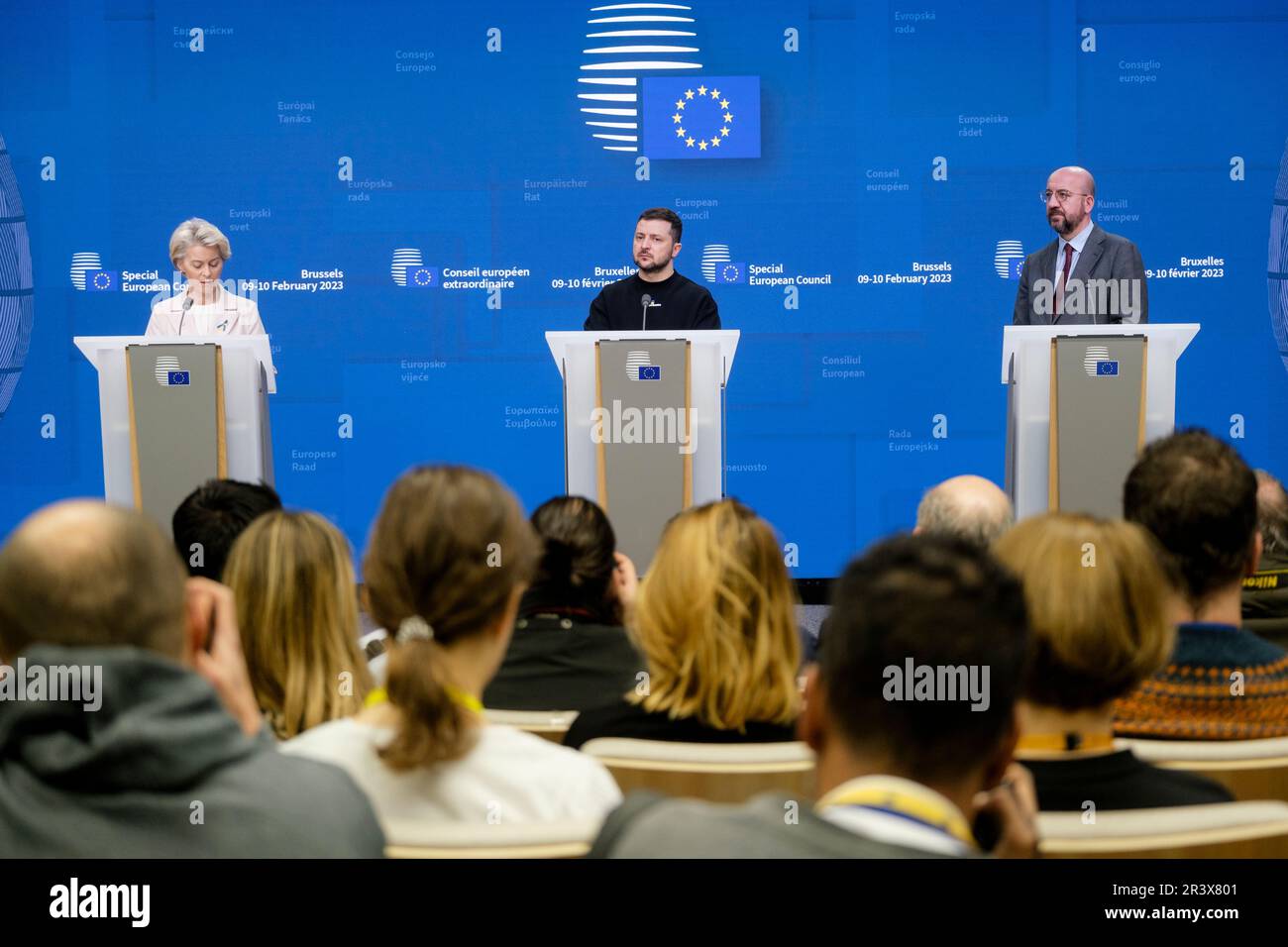 Belgique, Bruxelles, 9 février 2023: Le président ukrainien Volodymyr Zelensky assiste à une conférence de presse au sommet européen. L'Ukraine a demandé E Banque D'Images