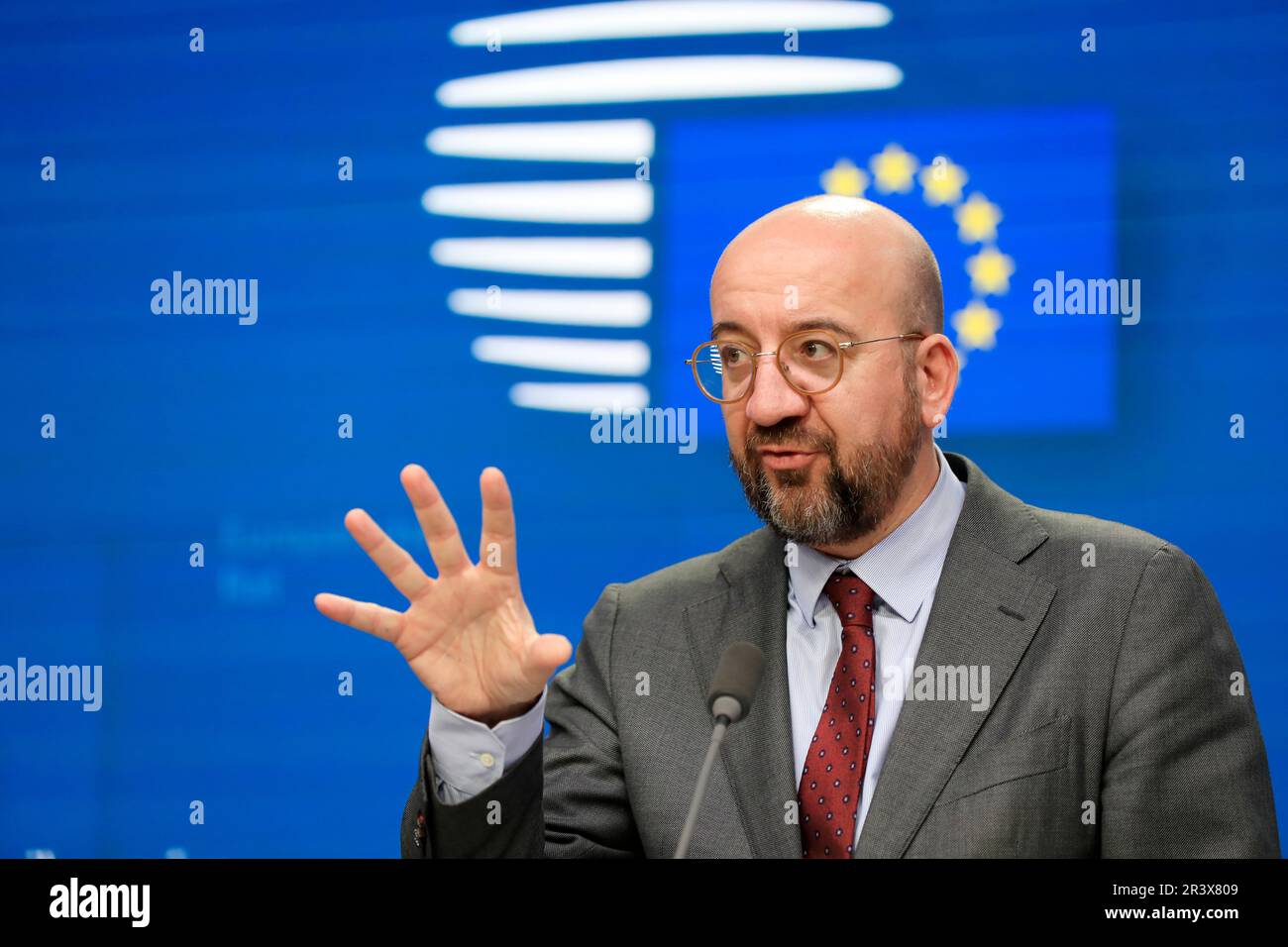 Belgique, Bruxelles, 10 février 2023: Charles Michel, président du Conseil européen, participant à une conférence de presse lors du sommet de l'UE sur la Russie Banque D'Images