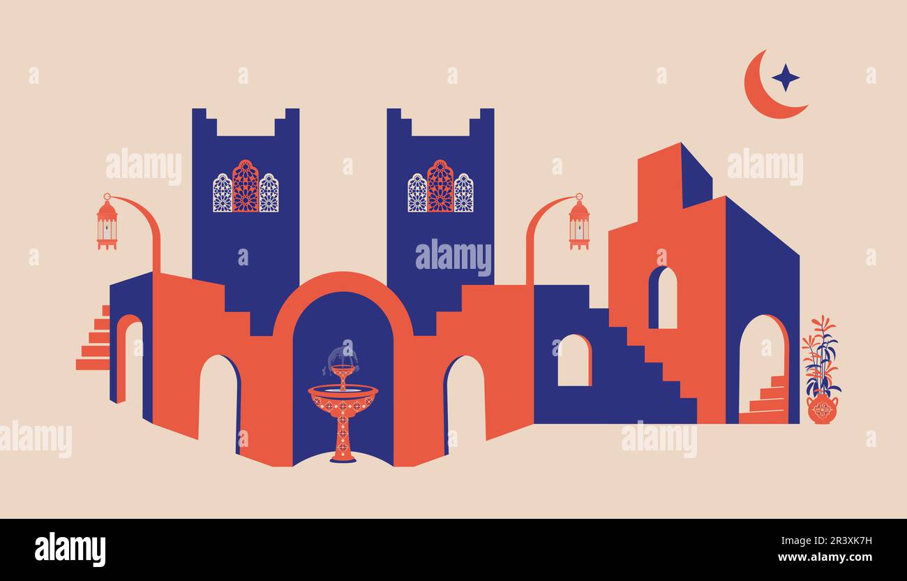 Résumés créatifs minimalistes. Façade de maison ou mosquée avec fontaine, lampe à bougie, escaliers, plantes intérieures. Illustration vectorielle. Illustration de Vecteur