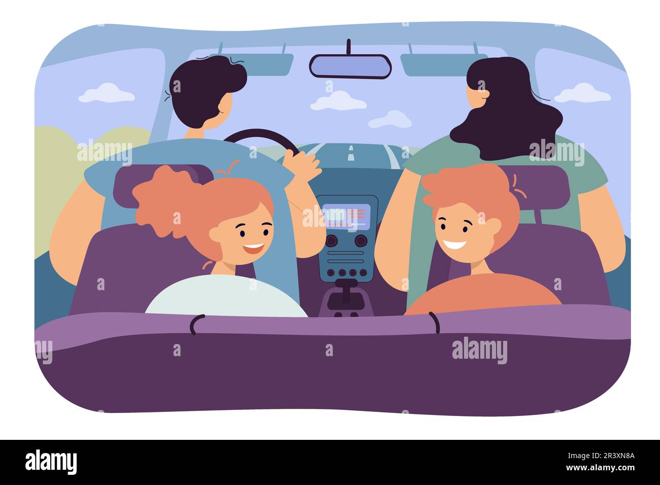 Famille heureuse voyageant avec vue arrière automatique Illustration de Vecteur