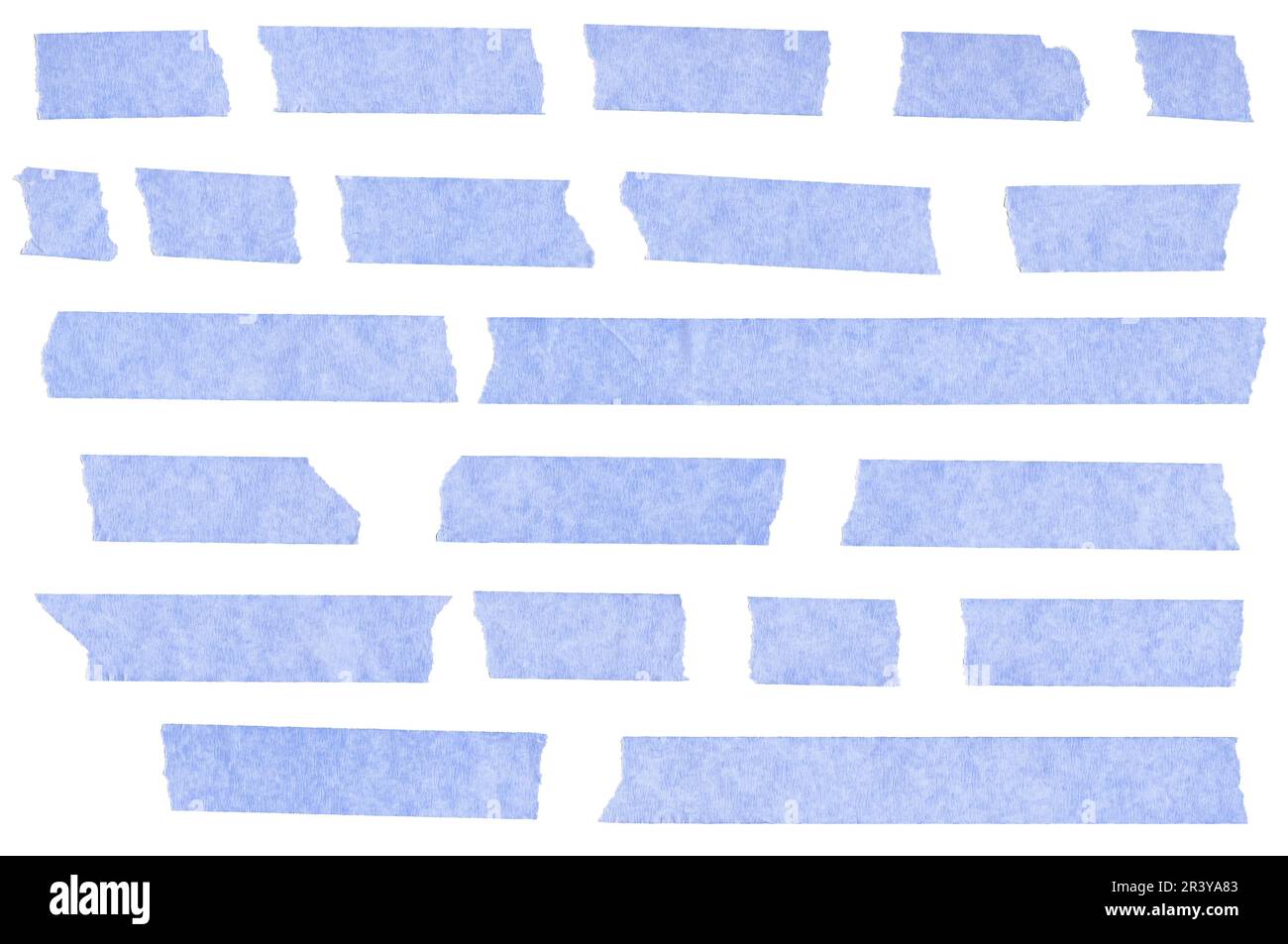 Jeu de pièces de ruban adhésif et de masquage. Scotch collant, bandes de papier conduit isolées sur fond blanc Banque D'Images