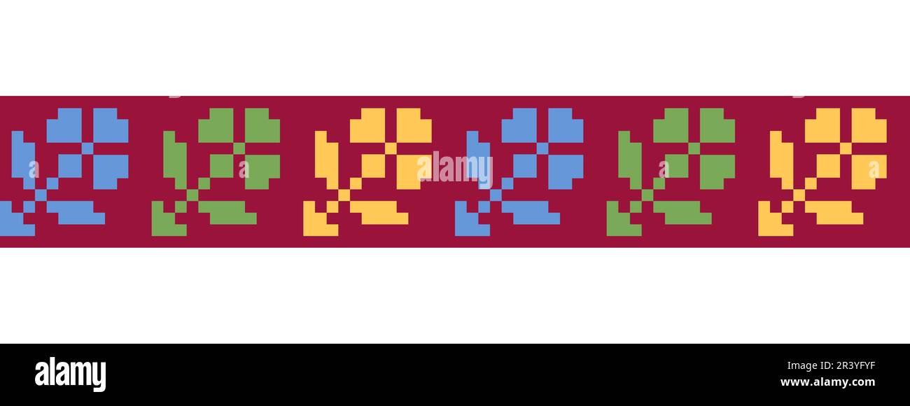 Motif de bordure géométrique vectoriel coloré, ornement pour textile ou tissu. Imprimé fleuri de couleur citron carpathienne. Pixel art, vyshyvanka, point de croix Illustration de Vecteur