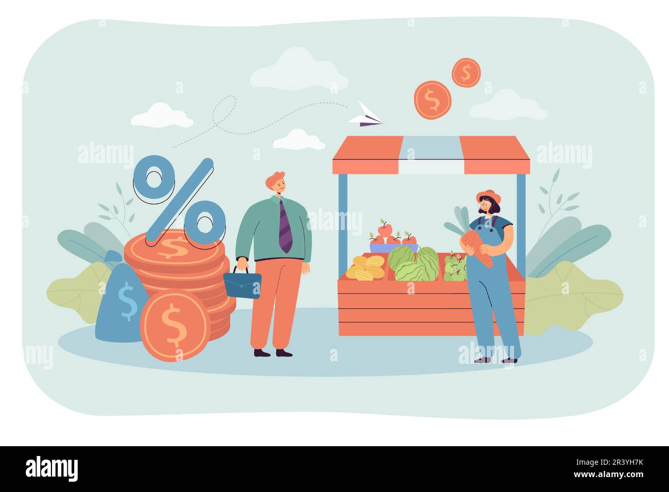 Un employé de la banque donne un prêt au propriétaire de l'atelier Illustration de Vecteur