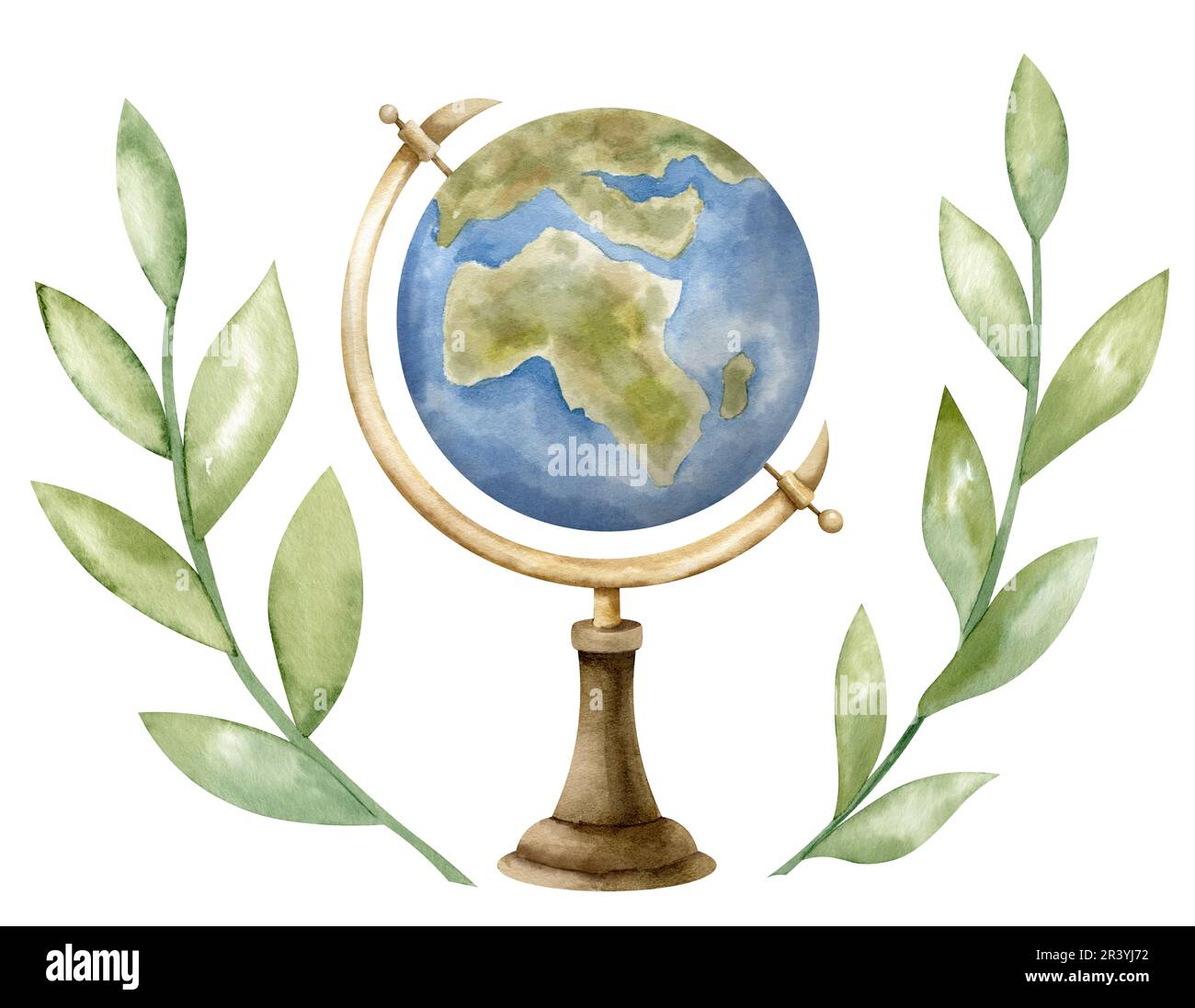 Globe vintage avec branches vertes de plantes. Illustration aquarelle dessinée à la main de l'ancien modèle rétro de la Terre avec des feuilles sur fond blanc isolé. Dessin d'objet pour la science ou l'éducation scolaire. Banque D'Images